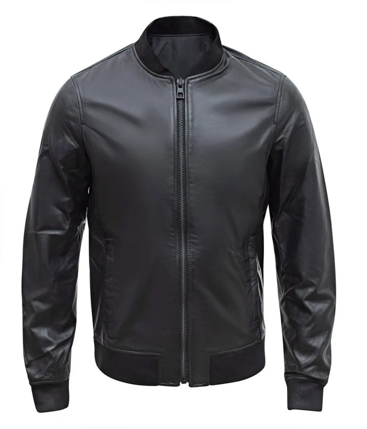 Front View Men’s Casual Bomber Real Black Leather Jacket