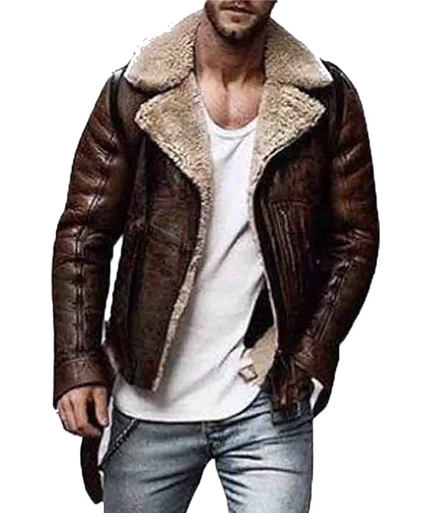 Front View Men’s WJM001 Street Style Brown Shearling Leather Jacket