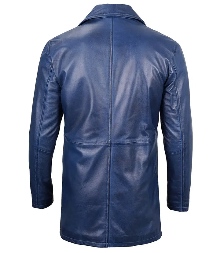 Men's 3/4 Length Leather Car Coat in Navy Blue in UK style