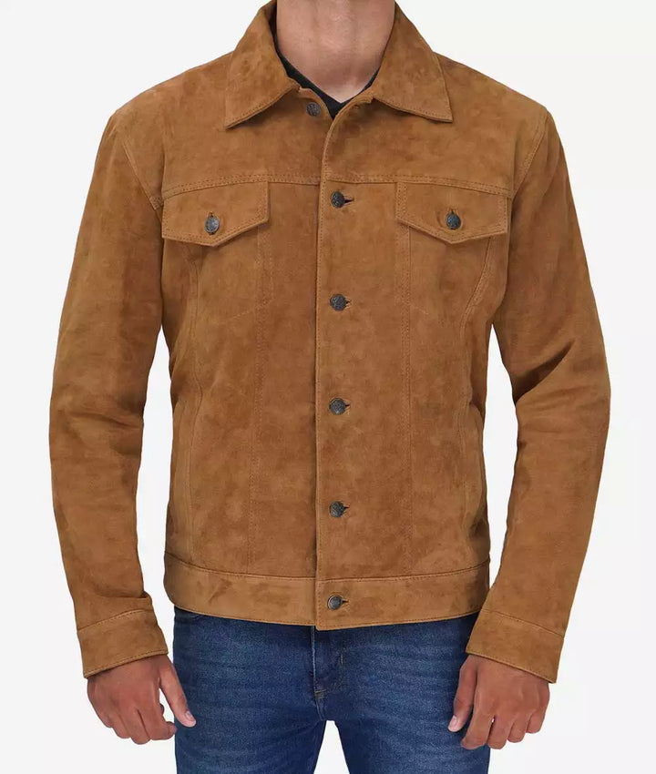 Men's classic tan leather jacket made from premium suede