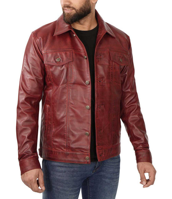 Classic maroon trucker-style leather jacket from TJS in USA market