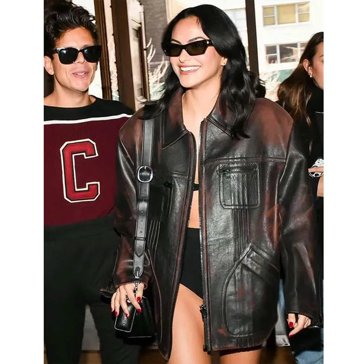 Chic Leather Jacket Inspired by Camila Mendes in NYC
