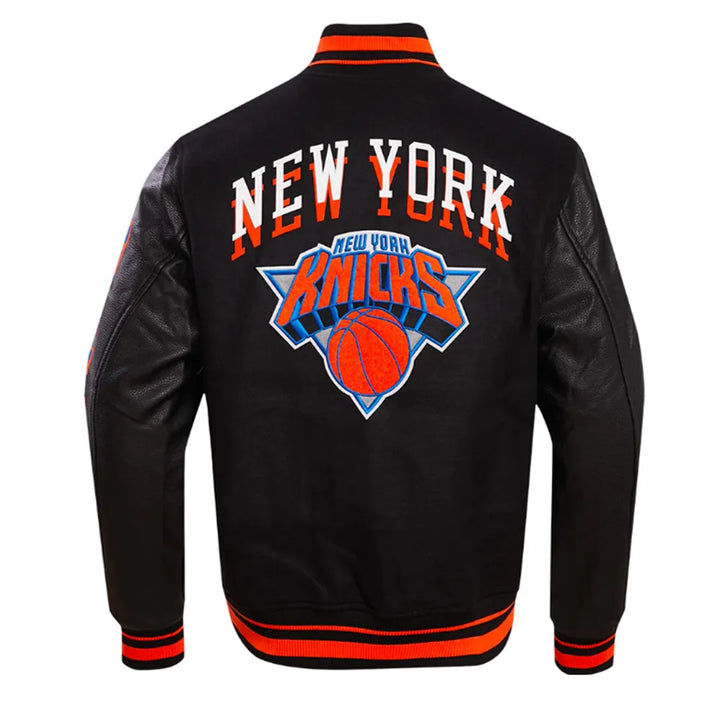 Back View NFL NY Knicks Chest Layered Classic Rib Varsity Jacket