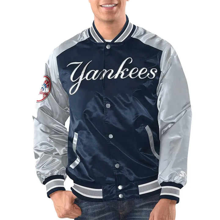 Stylish New York Yankees Satin Varsity Jacket in Navy and Silver in American style