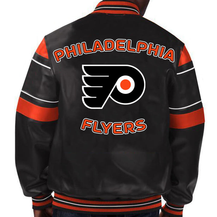 Sport this sleek Philadelphia Flyers black leather jacket, a tribute to the team's tenacity and your unwavering support for the Flyers in USA