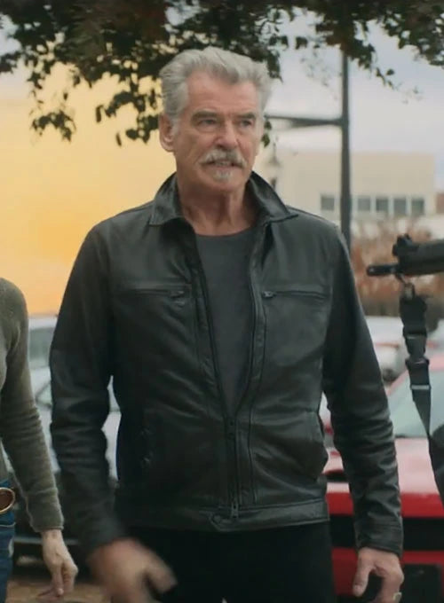 Leather jacket fashion on Pierce Brosnan from The Outlaws in American style