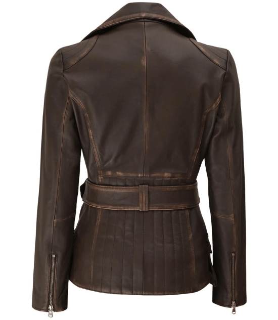 Stylish women's belted leather jacket in USA market