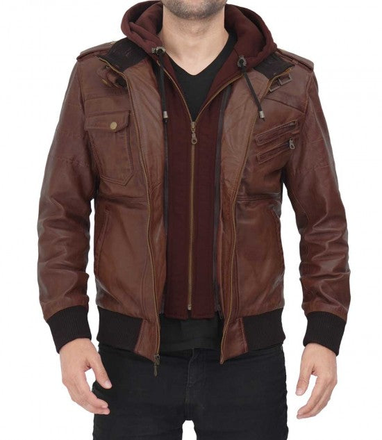 Hooded leather bomber jacket for men in dark brown in France style