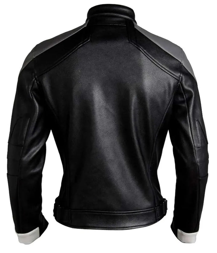 Cowhide or faux leather Ghost Rider jacket with silver and white patches, inspired by Agents of Shield.