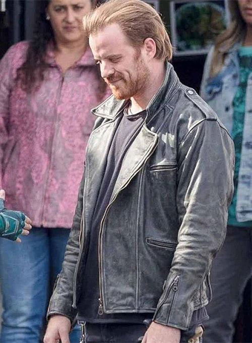 Robert Kazinsky Captain Marvel leather jacket front view

