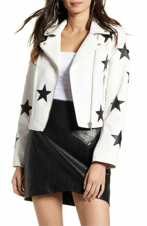 White Lambskin Leather Jacket with Black Stars