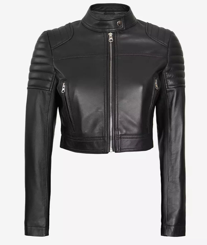 Stylish cropped leather biker jacket for women in France style