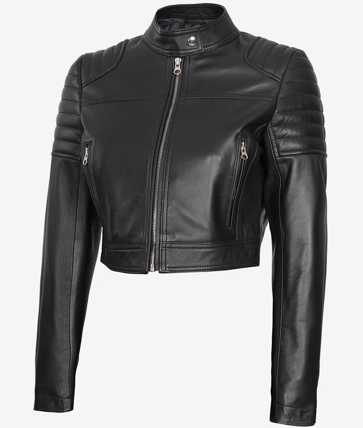 Black cafe racer-style cropped leather jacket for her in German market