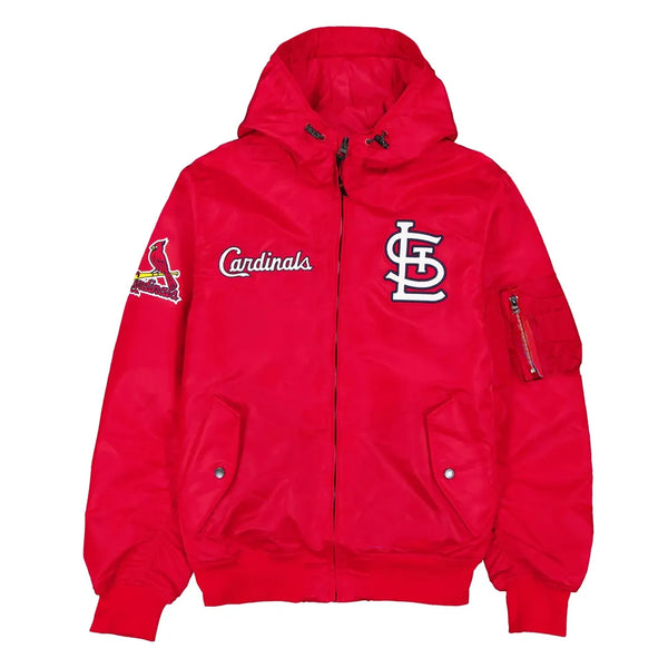 St. Louis Cardinals red hooded bomber jacket front view

