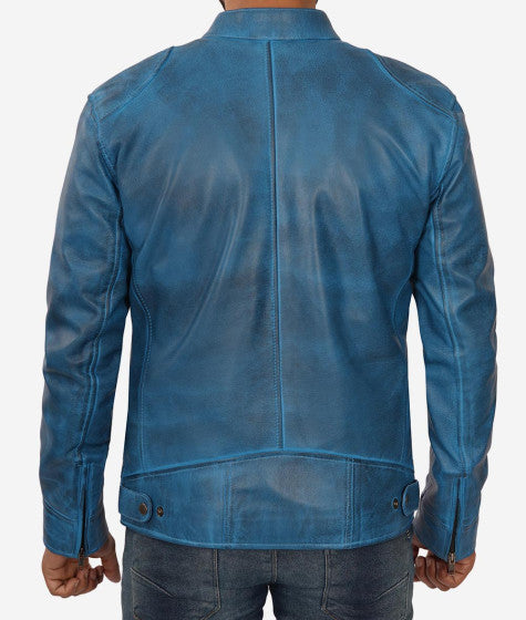 Stylish cafe racer jacket in blue lambskin for men in France style