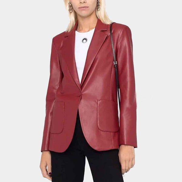 Womens Red Slim Fit Leather Blazer by TJS