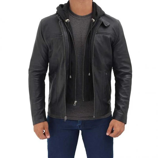 Men's café racer leather jacket with detachable hood