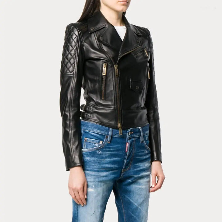 Women's Quilted Black Leather Moto Biker Jacket by TJS in USA