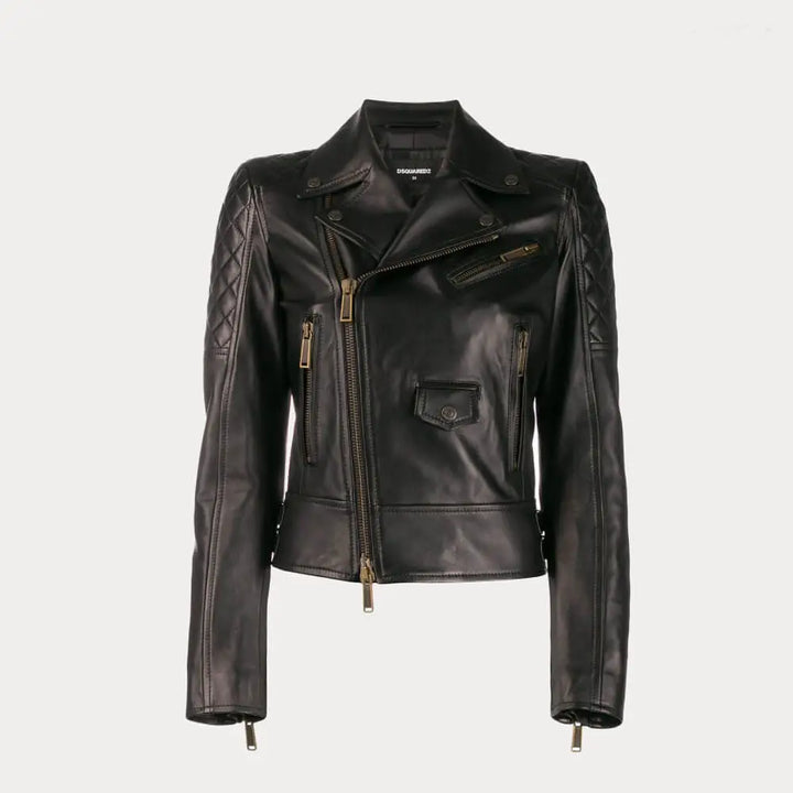 TJS Women's Quilted Black Leather Moto Biker Jacket in France style