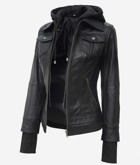 Men's outerwear: black bomber jacket with zip-out hood in USA