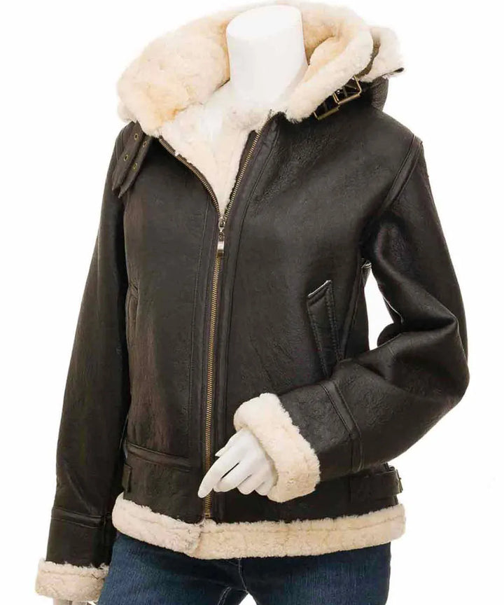 Front View Women’s Shearling Buckle Collar Brown Leather Jacket with Hood