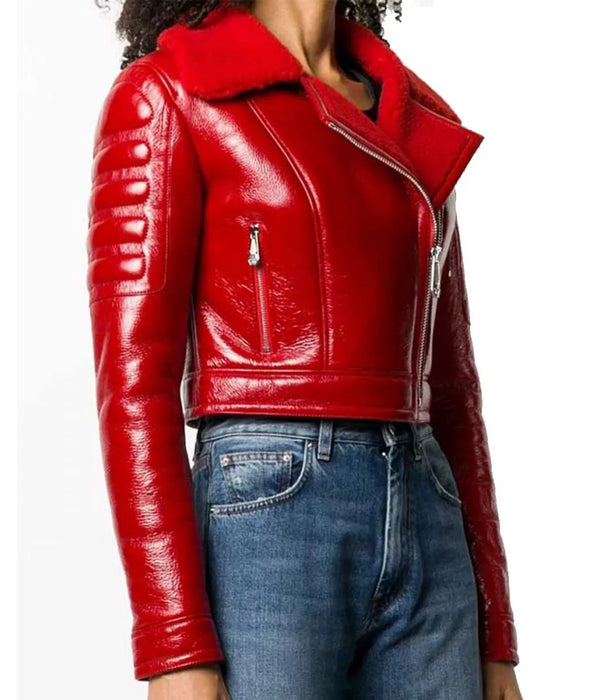 Women’s Asymmetrical Lainey Red Faux Shearling Leather Jacket