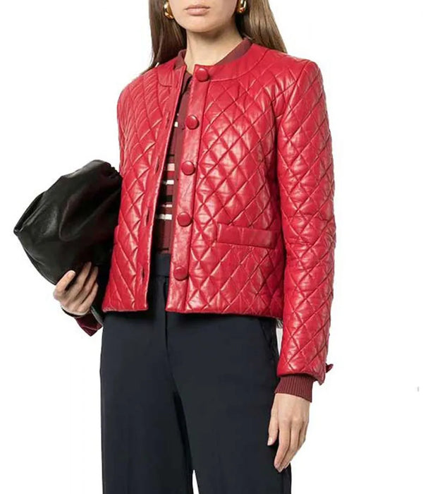 Women’s Collarless Quilted Red Leather Jacket