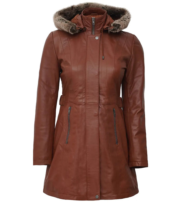 Hooded Brown Leather Long Faux Shearling Coats for Women