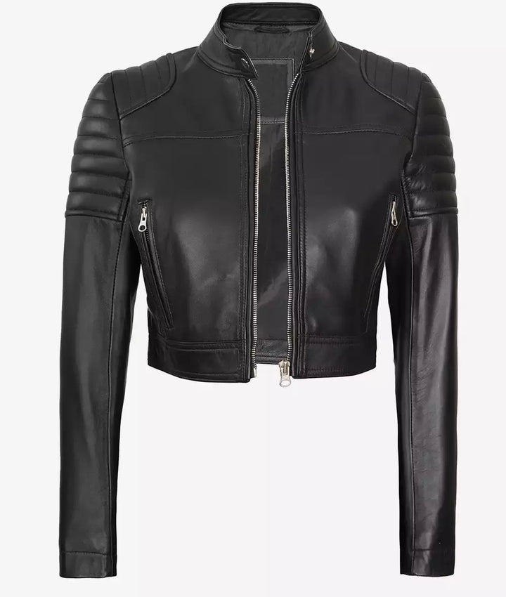 Women's black cropped leather cafe racer jacket in USA
