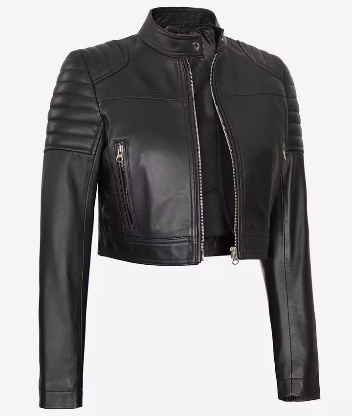 Chic black cropped leather jacket for women in American style