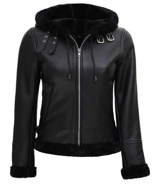 Womens Black Faux Shearling Bomber Leather Jacket with Hood