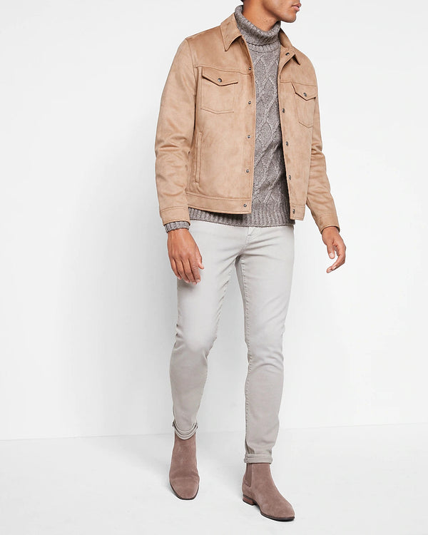 Real Suede Trucker Jacket in Cappuccino Color Leather Jacket in USA
