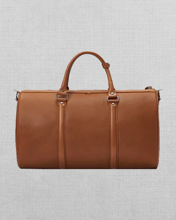 Stylish Tan Leather Duffel Bag with Lock Closure for Travel in American style