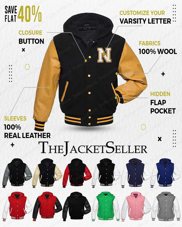 Hooded Custom Varsity Letterman Bomber Jacket | Wool and Real Leather Jacket