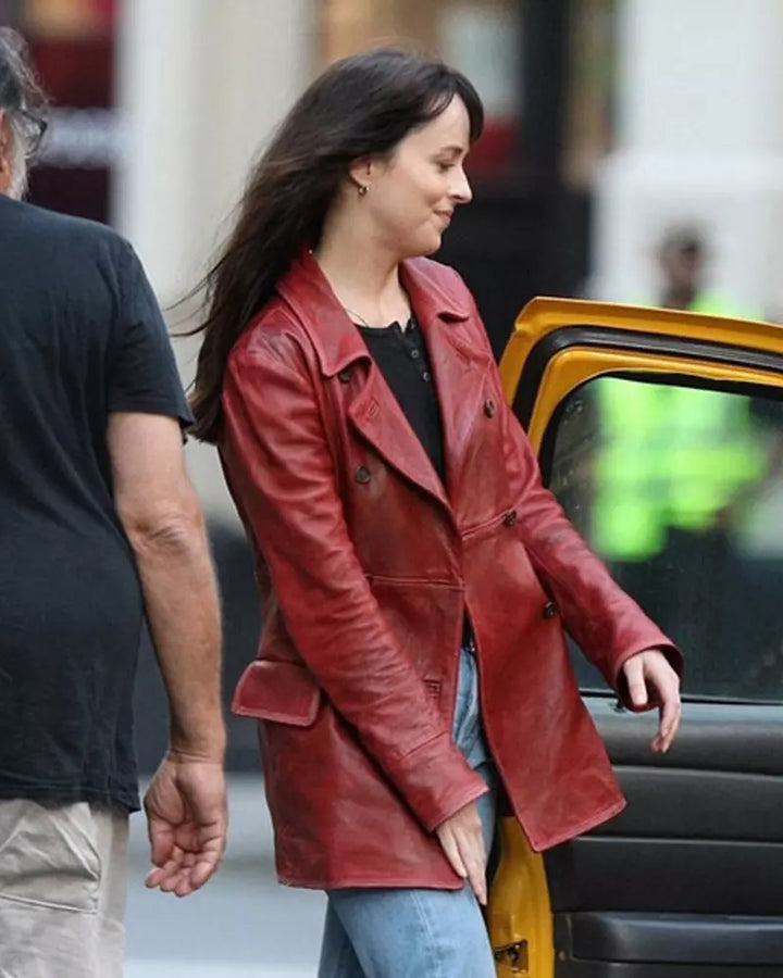 Chic leather coat worn by Dakota Johnson in Madame in France style