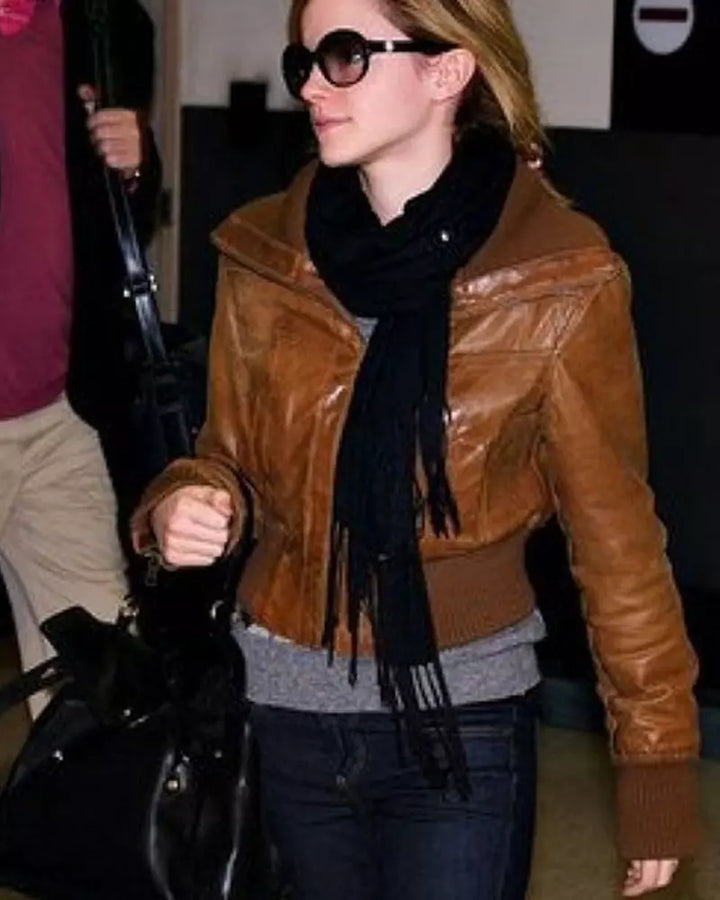Chic black leather jacket worn by Emma Watson in France style