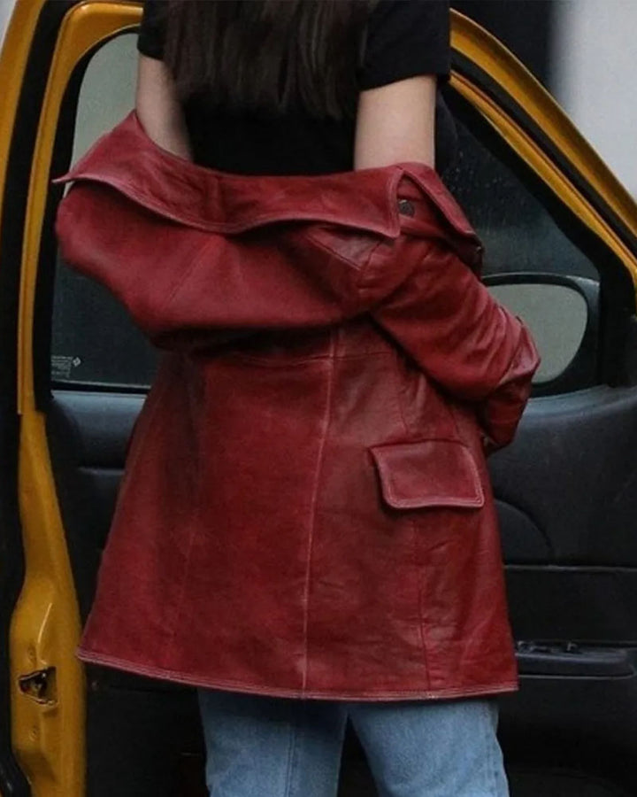 Dakota Johnson's stylish black leather coat in United state market