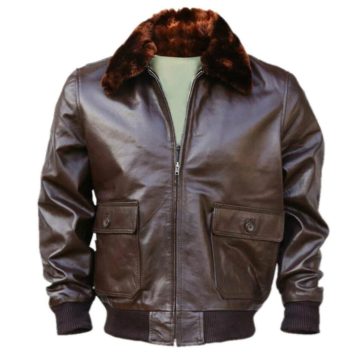 Shearling collar brown leather jacket for men