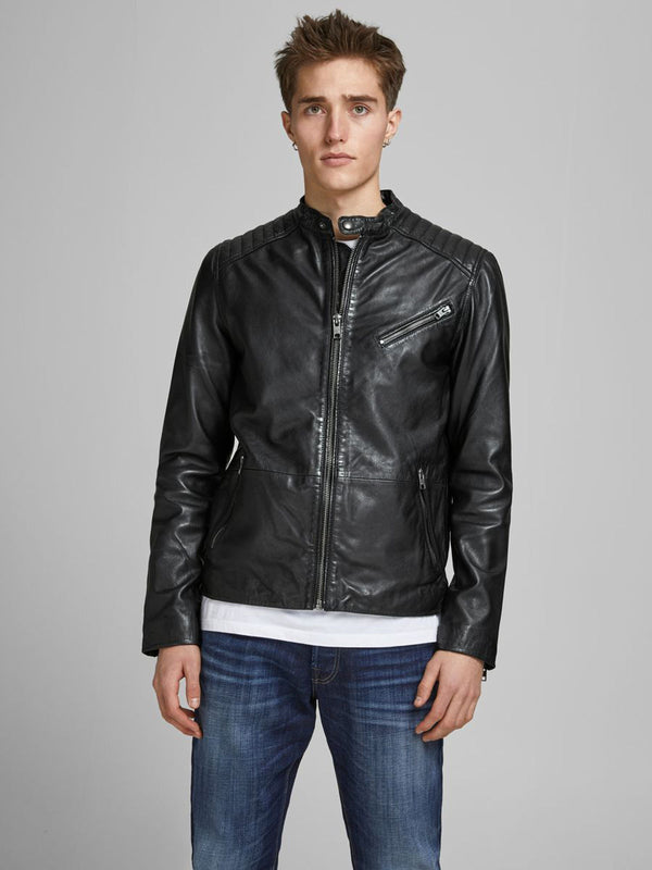 Plain black leather jacket for men