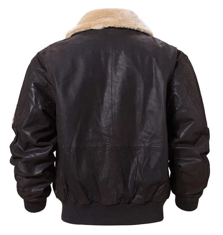 Shearling dark brown fur collar leather jacket