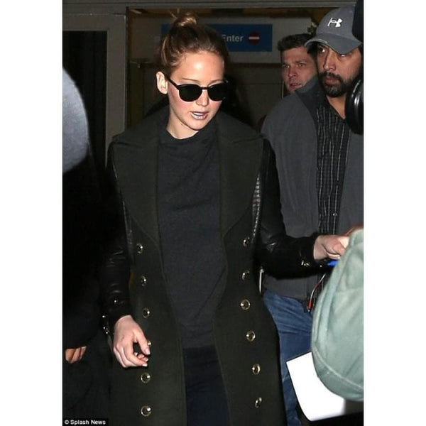 Jennifer Lawrence In Leather Sleeved Coat by TJS