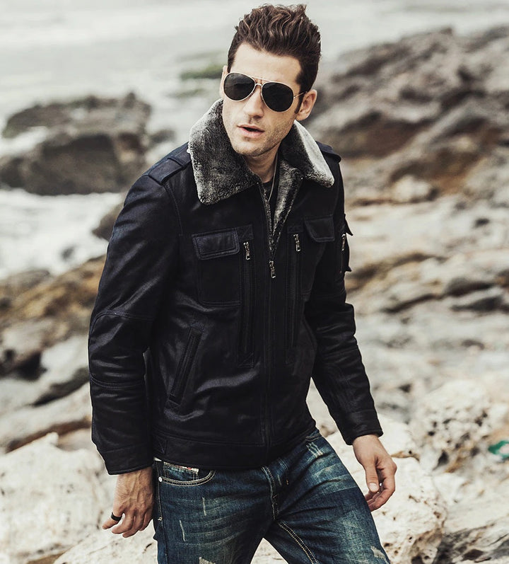 Sheep skin snuff shearling leather jacket for men in USA