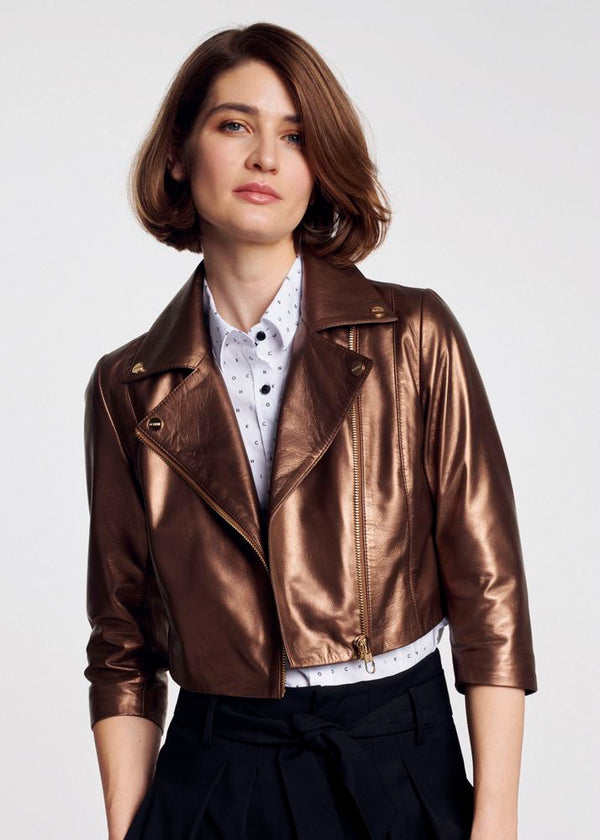 Women Metallic Style Cooper Leather Jacket By TJS
