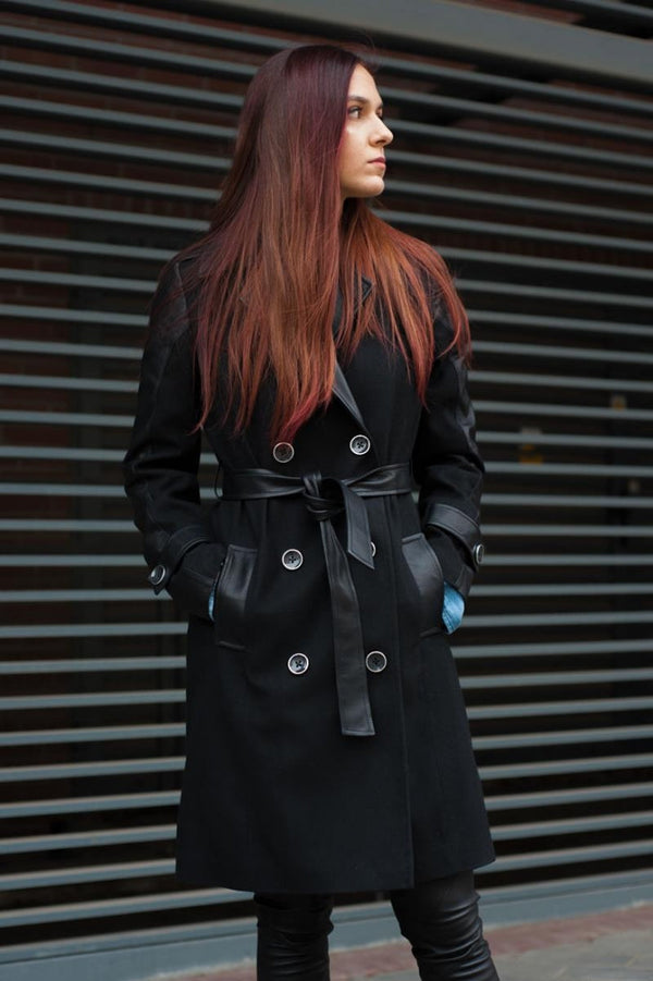 Women's Long Leather & Wool Coat By TJS