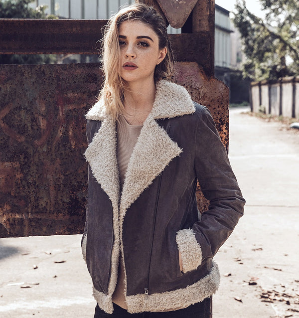 Women Winter's Faux Fur Shearling Leather Coat By TJS