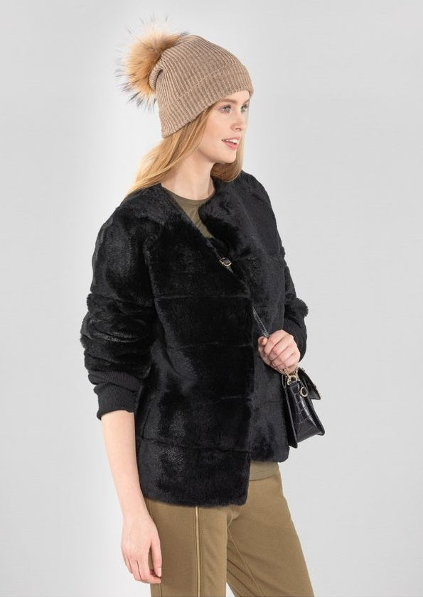 Women Short Style Black Fur Leather Coat By TJS