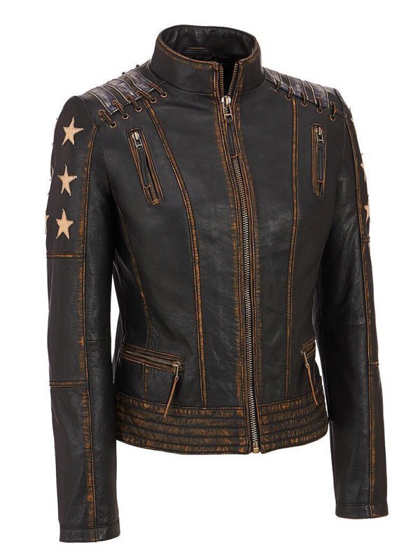 Women's Stars and Stripes Brown Vintage Leather Jacket By TJS