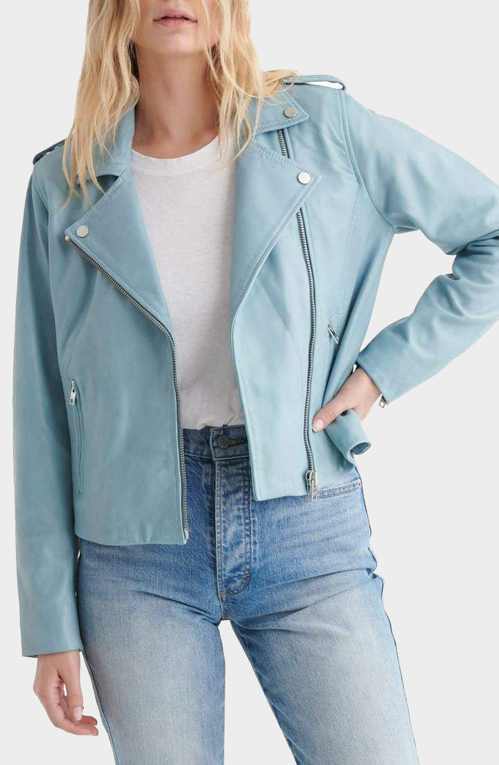 Light blue stylish leather jacket for women