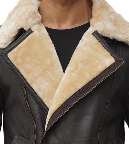 Elegant Shearling Brown Asymmetrical men leather coat in usa