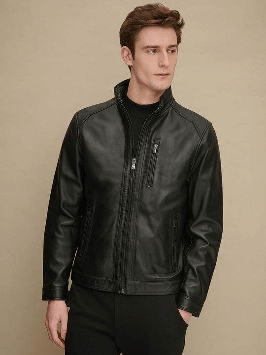 men's stand collar black leather jacket